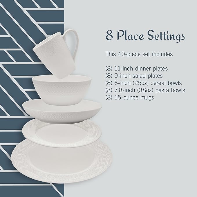 Mikasa Levi 40 Piece Bone China Dinnerware Set Embossed Plates Bowls Chip-Resistant Lightweight Elegant and Durable Service for 8 White