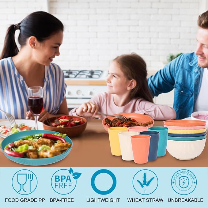 18pcs Wheat Straw Dinnerware Sets Unbreakable dish Set Reusable Plates Bowls and Cups Set dishes Dishwasher Microwave Safe for Kitchen Outdoor Travel Camping (Light Macron)