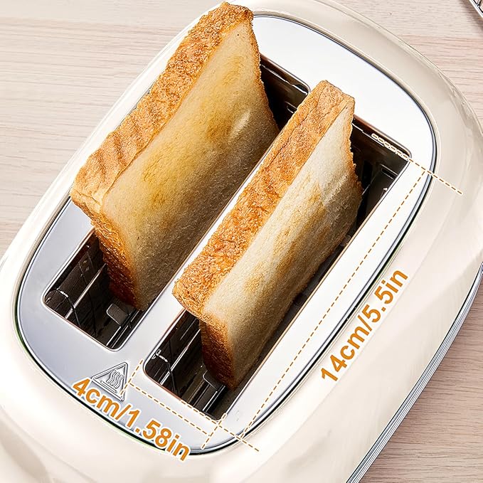 Beige Cute Retro Toaster 2 Slice with 1.58 Wide Slots Bread toaster with Cover and Warm Rack Stainless Steel Toasters with Removable Crumb Tray Preheat Defrost Cancel Function (Cream)