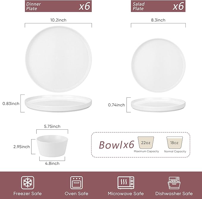 Herogo 18 Pieces Stoneware Dinnerware Dishes Set for 6 Dinner Plates and Bowls Sets Reactive Glaze Chip &amp Crack Resistant Microwave &amp Dishwasher Safe Speckled White