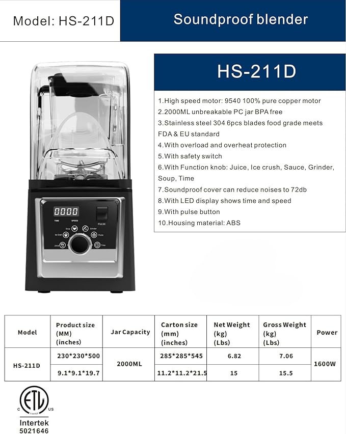 Commercial Soundproof Blender 2000ml BPA-Free Jar 1400W Motor LED Display 6 Functions Black HS-211D ETL