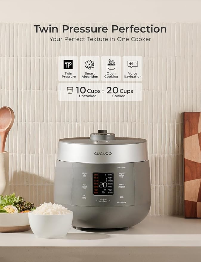 CUCKOO Twin Pressure Rice Cooker 10-Cup Uncooked / 20-Cup Cooked with Nonstick Inner Pot Large Rice Maker &amp Warmer with 16 Menu Options Open Cooking Mode Voice Guide Gray (CRP-ST1009FG)