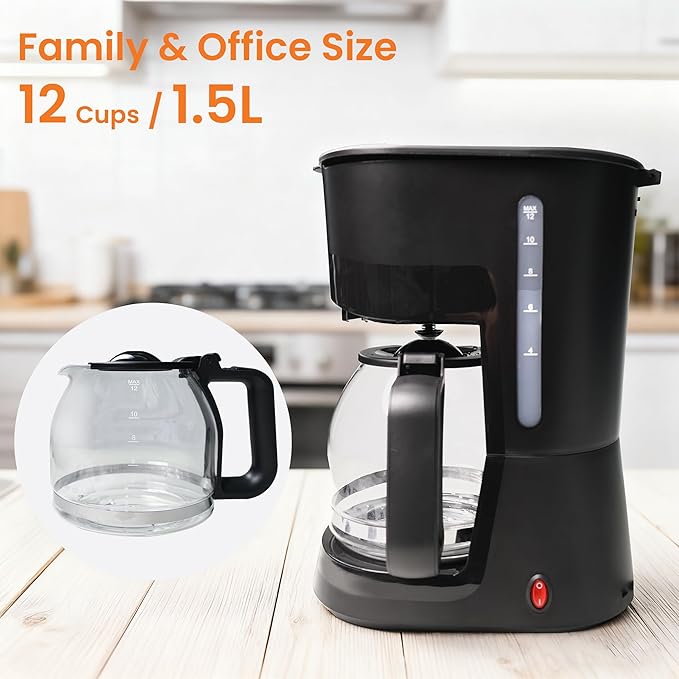 12-Cup Coffee Maker 1.5L Drip Coffee Machine with One-Touch Brewing Glass Carafe Anti-Drip System Reusable Filter Easy-to-Use Home &amp Office Coffee Brewer