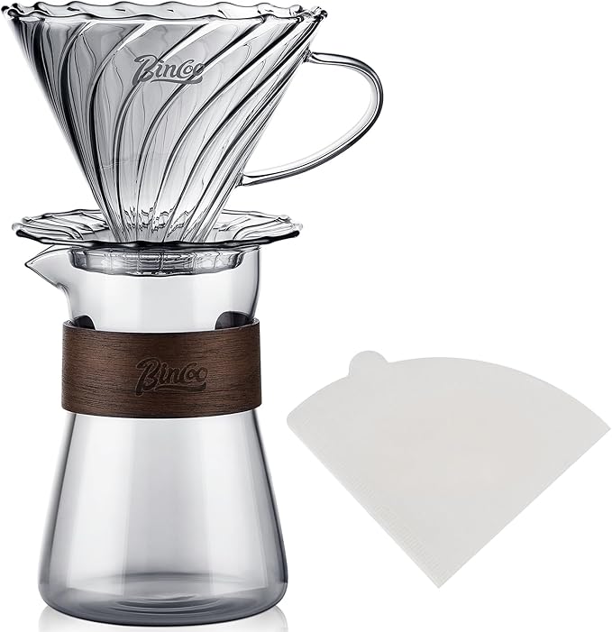 Bincoo Pour Over Coffee Dripper Set V-shape 60° Cone Drip Coffee Maker Included Borosilicate Glass Carafer and Coffee Dripper &amp 50 Pcs Size 02 Paper Filter 16oz(500ml) (Smoky Gray Set)