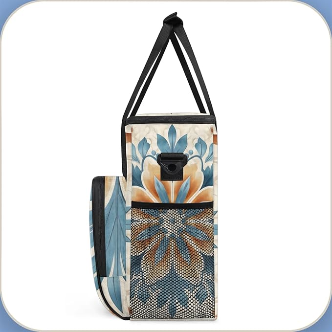 Retro Floral Design Coffee Maker Travel Bag for Keurig K-Mini/K-Mini Plus Insulated Waterproof Tote with Pockets for K-Cup Portable Single-Serve Brewer Case