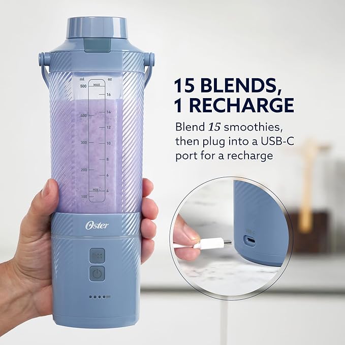 Oster – GoMax 20oz Portable Blender Anti-Jam Reversible Blade Detachable Travel Cup - Blue