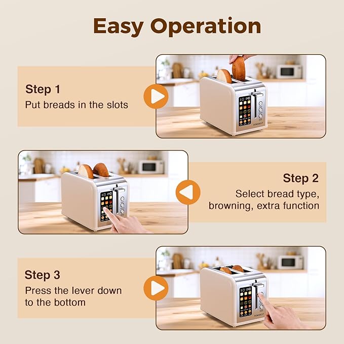 2 Slice Easy Touch Screen Toaster Stainless Steel Toaster with Wide Slots Even Toasting for Bagels &amp Bread Reheat &amp Defrost Removable Crumb Tray Cream Color