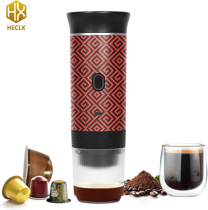 Coffee Maker Gift Set for Travel Battery Powered Portable Electric Espresso Machine for Camping Rechargeable Coffee Maker Self Heating with Ground Coffee &amp Capsule for RV Hiking (Red mix Black)