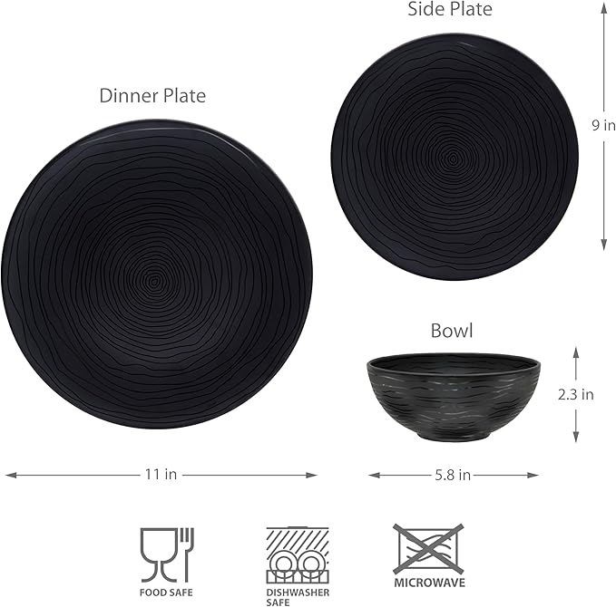Bzyoo 12 Piece Melamine Dinnerware Set - Durable Dishwasher Safe Organica Black Plates and Bowls Sets Casual Dish Set for Dining Outdoor and Kitchen