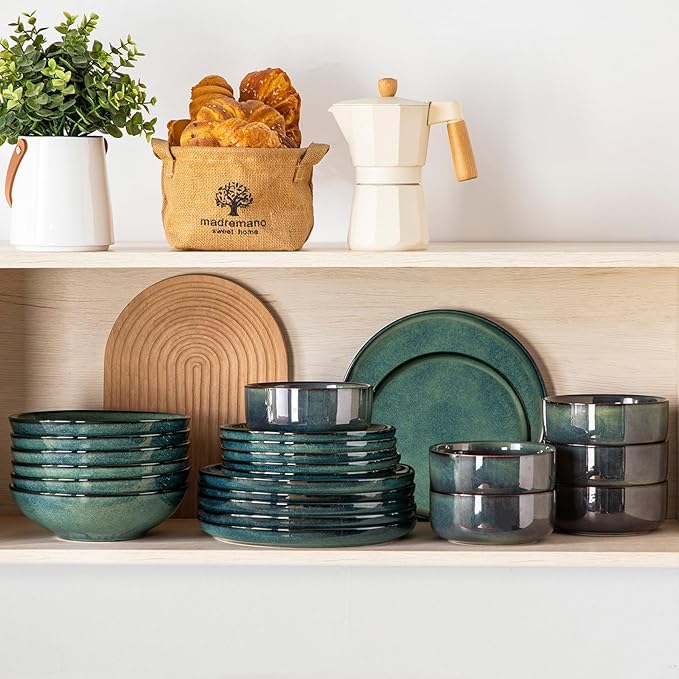 vancasso Starry Plates and Bowls Sets for 6 24 Pieces Dinnerware Sets Green Reactive Glaze Dishes Sets for Kitchen Scratch Resistant Stoneware Dishes Set Dishwasher and Microwave Safe