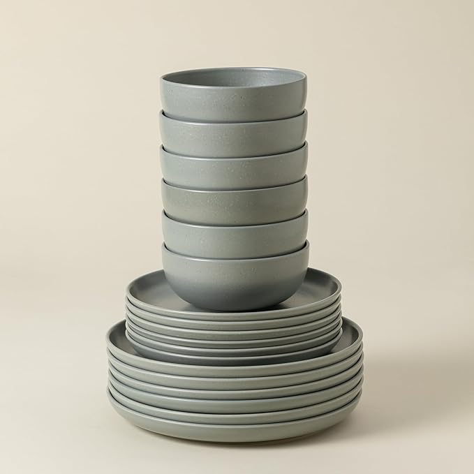 Casafina Ceramic Stoneware 18-Piece Place Setting Service for 6 with Cereal Bowls - Pacifica Collection Artichoke Green | Microwave &amp Dishwasher Safe Dinnerware Set | Restaurant Quality Tableware