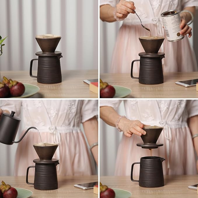 Stoneware Handmade Pour Over Coffee Maker Set Ceramic Coffee Brewer Hand Drip Cone Dripper &amp Coffee Pot Microwaveable Decanter Retro Metallic Glaze 16oz
