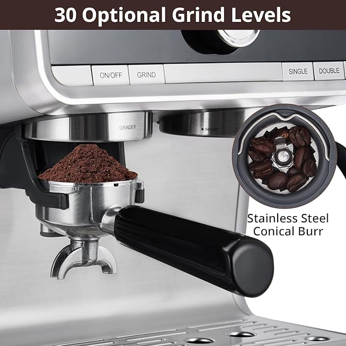 Espresso Coffee Maker with Milk Frother Brushed Stainless Steel Espresso Machine with Grinder and Espresso Machine for Home Barista Cuppuccino Machine Use