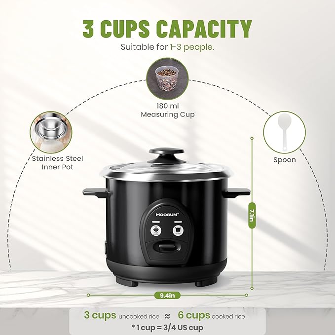3-Cup Uncooked Rice Cooker Small Stainless Steel Non-Toxic Inner Pot One-Touch Multifunction for Rice/Sauté/Yogurt Dishwasher Safe 1-3 People Size Black