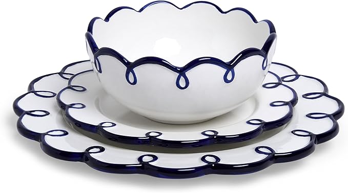 Sango 12-Piece Earthenware Dinnerware Set for 4 Glossy White Plates and Bowls Sets with Navy Scalloped Rims Premium Dish Set Dishes for Hosting Parties Birthday &amp Wedding Gifts Splash of Chee