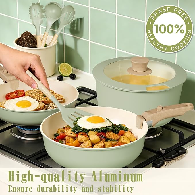 Umite Chef Non Stick Pots and Pans Set 21 Pcs Ceramic Kitchen Cookware Set with Detachable Handle Nonstick Healthy Induction Cookware Dishwasher RV Cookware Set Oven Safe Stackable Sage Green