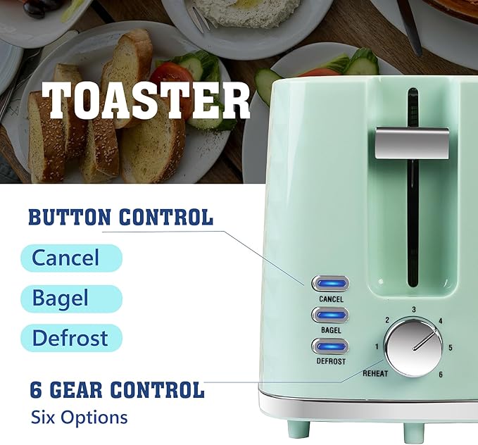 Toaster 2 Slices Toasters Wide Slot Bread Toaster with Cancel Bagel Defrost Function Bagel Toasters with Removable Tray &amp 6 Temperature Settings Green