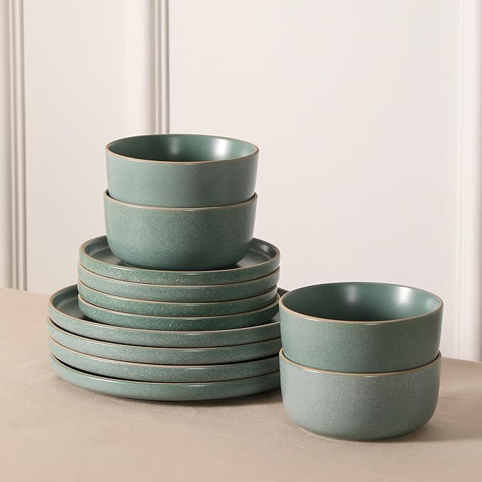 Earth &amp Clay Amber 24-Piece Dinnerware Set Stoneware Dishwasher and Microwave Safe Plates and Bowls Set Dish Set for 8 Green