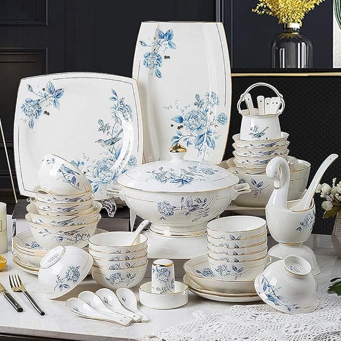 65 pcs Dinnerware Set Serves for 10 People Line Drawing Decoration Bone China Tableware SetPremium Quality Porcelain Dishes/Plate/BowlDishwasher &amp Microwave SafeBlue (63pcs Serves for 10)