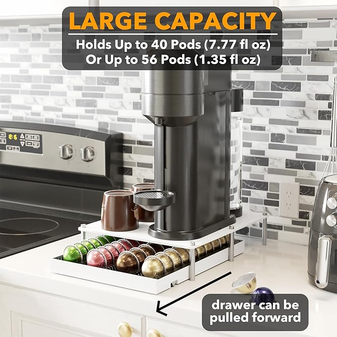 SpaceAid Bamboo Coffee Pod Holder Drawer Storage Compatible with Nespresso Vertuo Capsules Coffee Station Accessories Holder Organizer Tray Compatible with 40 Big or 56 Small Pods White