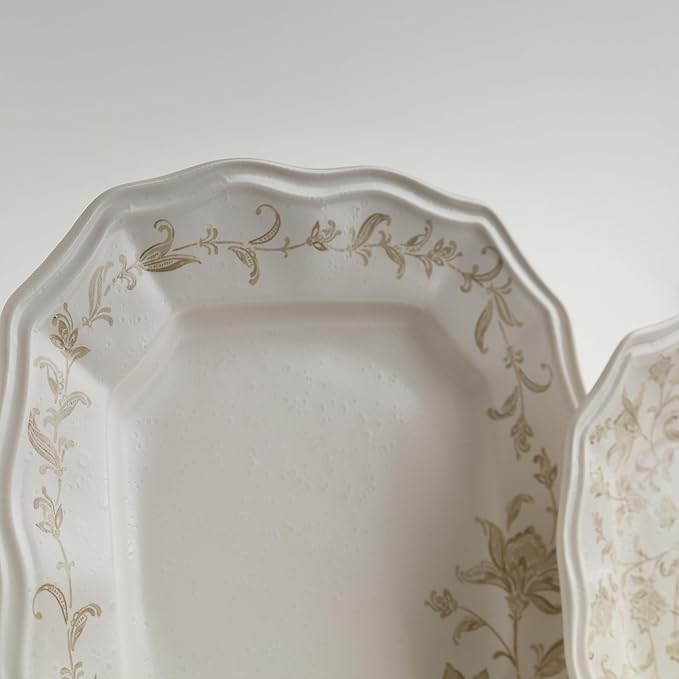 222 Fifth 12-Piece Porcelain Dinnerware Set for 4 Glossy Cream Plates and Bowls Set with Taupe Flowers Elegant Square Ceramic Dish Set Kitchen Tableware Microwave &amp Dishwasher Safe Batik Toil