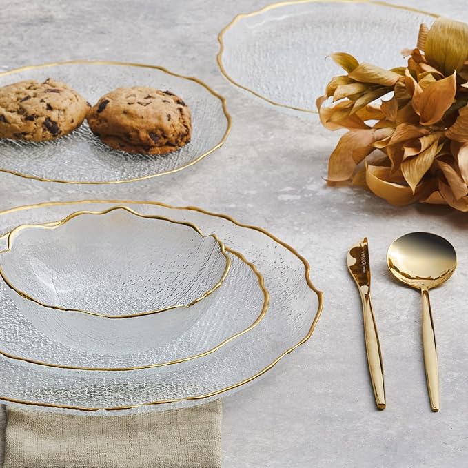 Karaca Milanda Gold Glass Dinnerware Set for 4 People 12 Pieces Transparent Gold