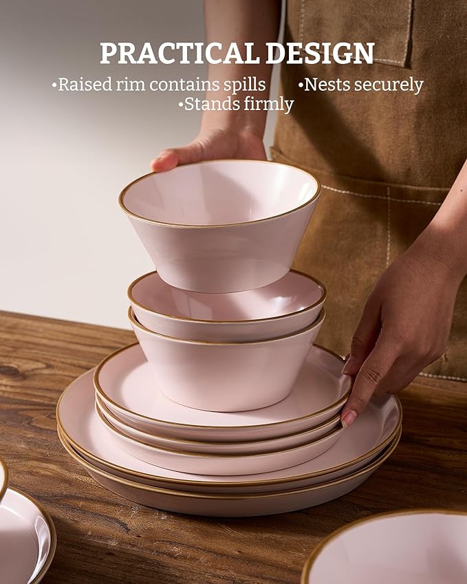 Famiware Saturn Dinnerware Sets Plates and Bowls Sets for 4 12 Pieces Stoneware Dish Set - Chip and Scratch Resistant Microwave and Dishwasher Safe Tableware Set Light Pink with Rim