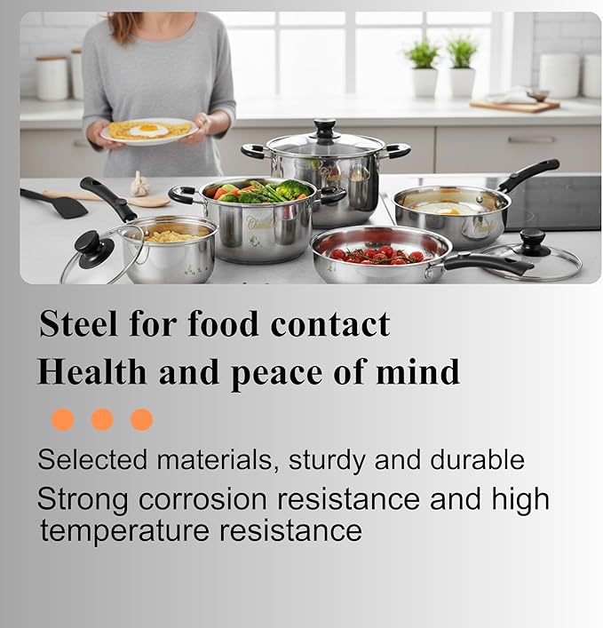 Chandler Stainless Steel Cookware Set 13-piece Pots and Pans with Tempered Glass Lid - Cooking Set with Deep Pans Saucepans &amp Pots Compatible for Family Meals (13-Pieces Stainless Steel)