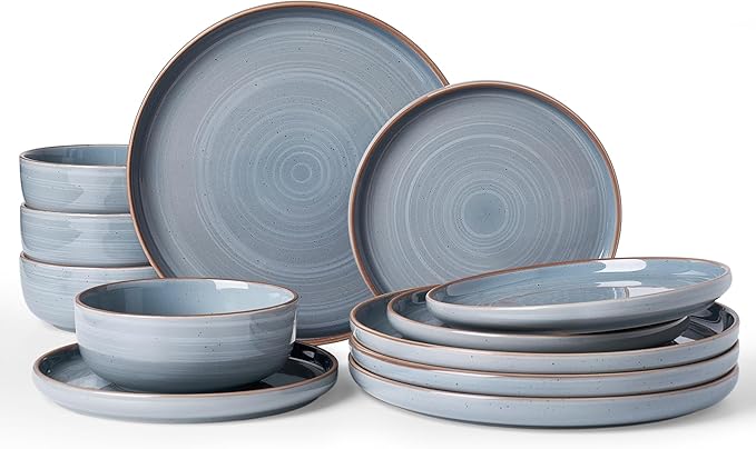 Famiware Meteor Plates and Bowls Sets for 4 12 Pieces Dinnerware Sets Microwave and Dishwasher Safe Dishes Set Blue Gray