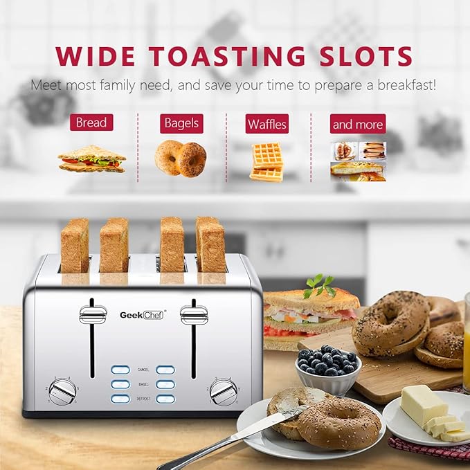 Toaster 4 Slice Geek Chef Stainless Steel Extra-Wide Slot Toaster with Dual Control Panels of Bagel/Defrost/Cancel Function 6 Toasting Bread Shade Settings Removable Crumb Trays Auto Pop-Up