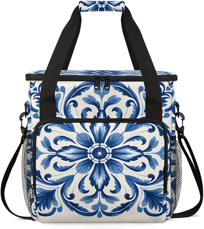 Classic Floral Print Coffee Maker Travel Bag for Keurig K-Mini/K-Mini Plus Insulated Waterproof Tote with Pockets for K-Cup Portable Single-Serve Brewer Case