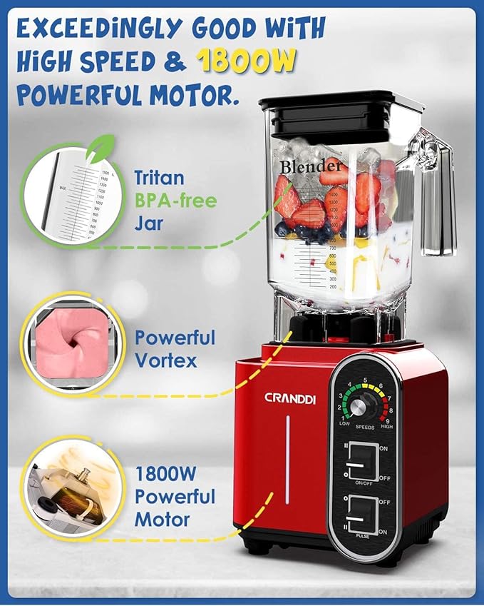 CRANDDI Smoothie Blender 52oz 1800 Watt commercial blender professional blenders Stainless Steel Blade 9 Speed &amp Self-Cleaning Build-in Pulse K98C Red