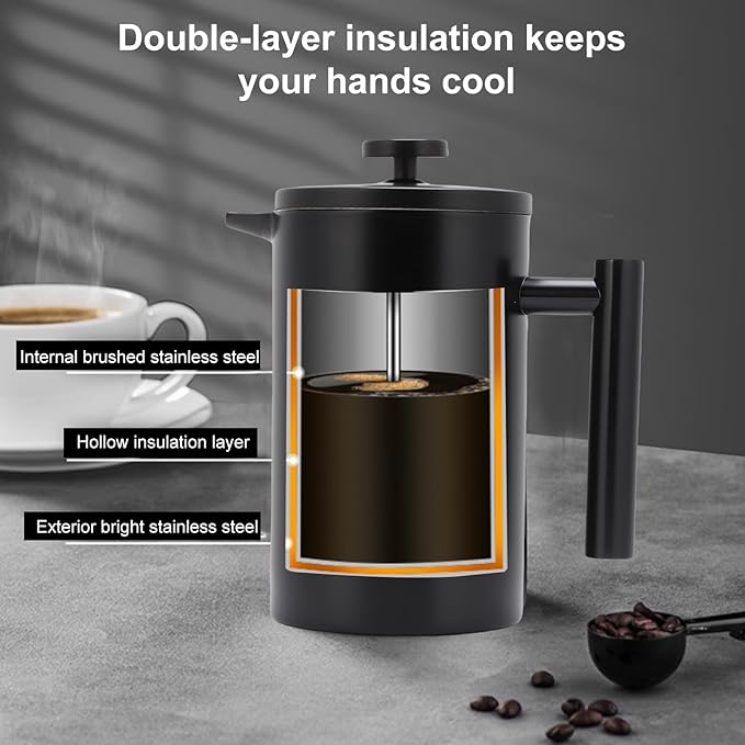 Enfmay 1000ml French Press Coffee Maker 304 Stainless Steel Double Wall Insulated Coffee Maker Pot Triple Filtration System for Optimal Brew Coffee Tea Maker for Home Office Camping