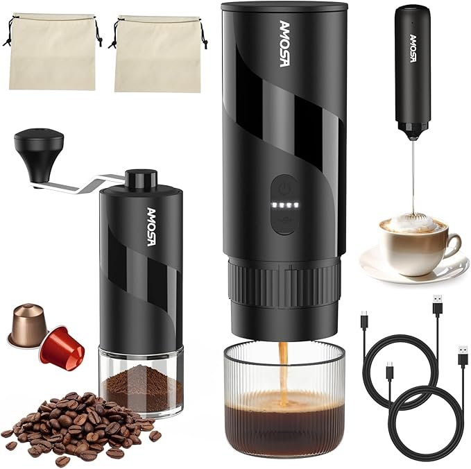 Portable Electric Espresso Machine &amp Manual Coffee Grinder &amp Electric Milk Frother All in 1 Mini Travel Coffee Maker Set for Camping Car RV Hiking Office Home Ground Coffee &amp NS Caps