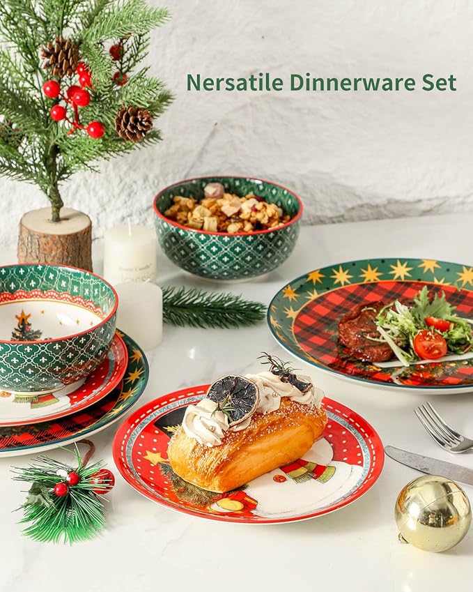 Hasense 12 Pieces Christmas Dinnerware Set Ceramic Dish Plates and Bowls Red &amp Green Design Dinnerware Sets for 4 Dishwasher &amp Microwave Safe Dishes Ideal for Christmas Gift