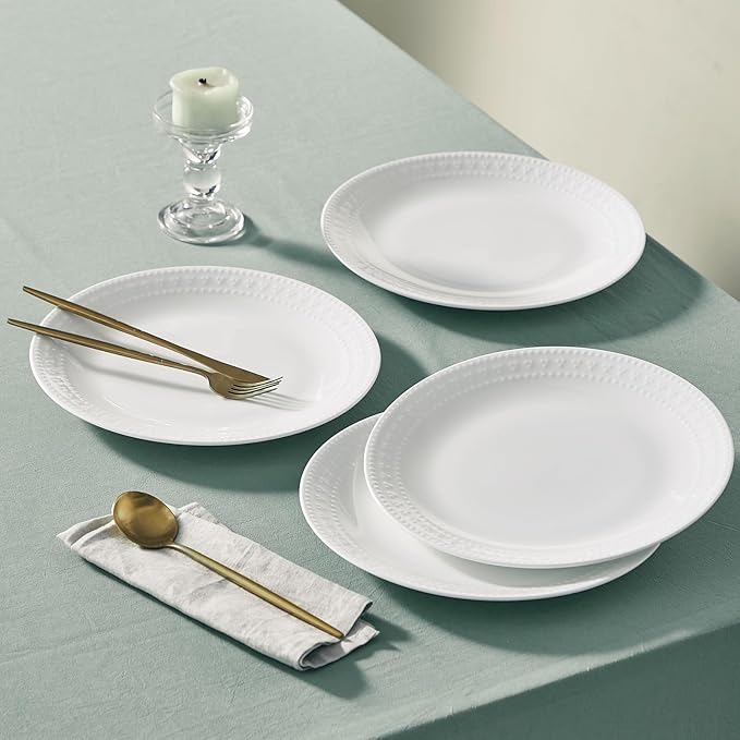 16Piece Bone China Dinnerware Set with Elegant Dotted Relief Design Embossed Plates Bowls mugs Chip-Resistant Lightweight Elegant and Durable Service for 4 White