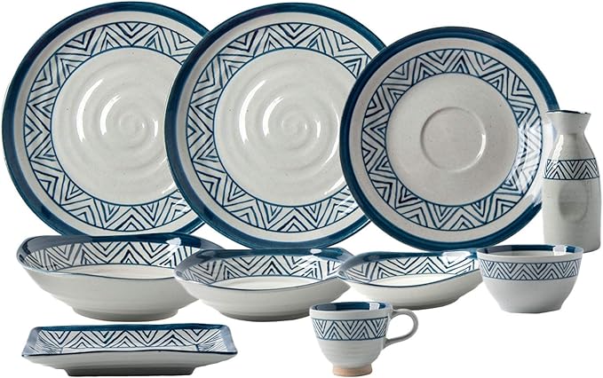 Porcelain Dinnerware Sets28 Pieces Ceramics Dinner Combination Set|Hand Painted Blue and White Lines Cereals Bowls and Steak Plates Sets
