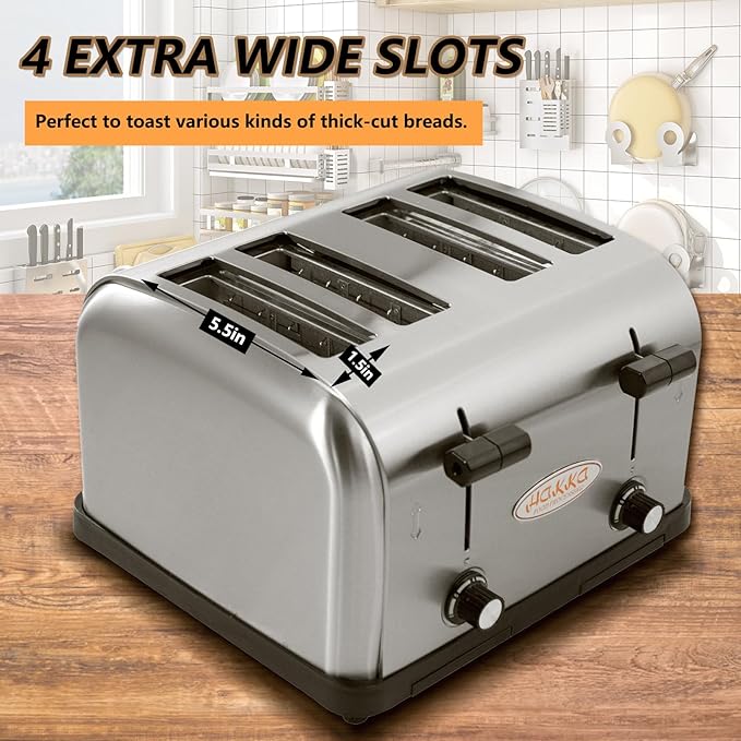 CLIVIA 4 Slice Toaster Commercial Toaster for Restaurant Hamburger Bread Bagels Heating Oven Automatic Pop-Up with Extra Wide 4 Slots 6 Browning Levels 1800W 110V