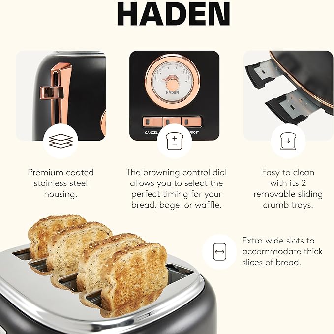 Haden Dorset 4 Slice Wide Slot Stainless Steel Toaster with Adjustable Browning Control &amp Non-Slip Feet Black &amp Copper
