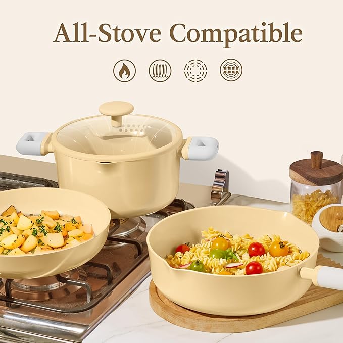CAROTE Pots and Pans Set Nonstick Ceramic Cookware Set Yellow Cooking Set Kitchen Induction Set with Steamer PFAS PTFE Free9 Piece
