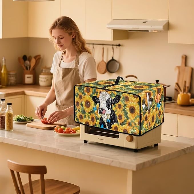 Doojoayie Yellow Toaster Oven Cover Universal Fit Kitchen Appliance Dust Protector 4 Slice Toaster Cover Polyester Fabric Kitchen Appliance Dustproof Protector Cow Print
