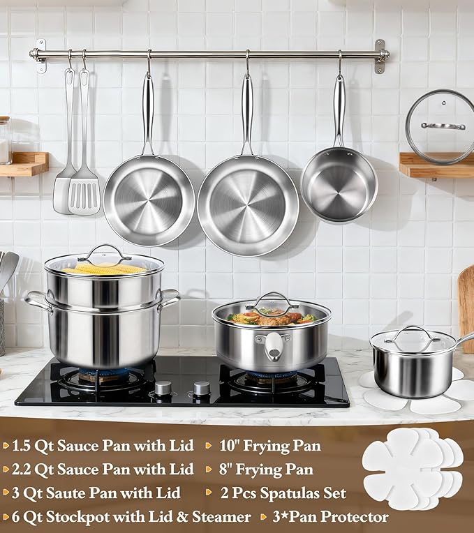 16-Piece Pots and Pans Set Tri-Ply Stainless Steel Cookware Set with Lids Non-toxic Kitchen Cooking Set Dishwasher-Friendly Induction-Ready Even Heating Heavy Duty Compatible with All Cooktops