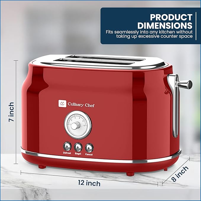 Frigidaire ETO102-WHITE 2 Slice Toaster Retro Style Wide Slot for Bread English Muffins Croissants and Bagels 5 Adjustable Toast Settings Cancel and Defrost 900w Red