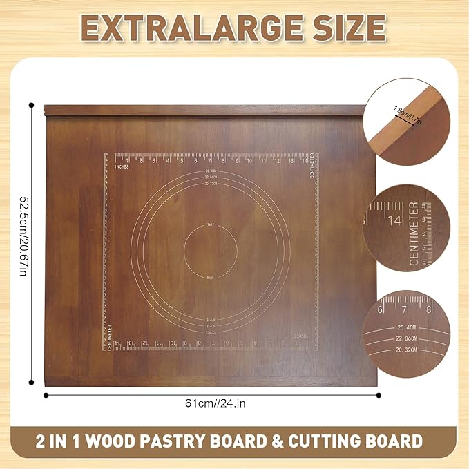 24 x 20 Reversible Wooden Pastry Board Wood Pasta Board with Lip Bread Board Cutting Board Chopping Board Pie Board with Engraved Ruler for Counter Top Kitchen-Brown