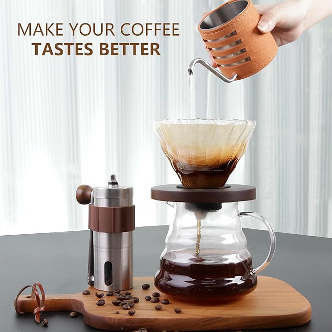 LHS Pour Over Coffee Maker Set - All in One Pour Over Coffee Kit Travel Pour Over Coffee Dripper Manual Coffee Maker Set Grinder Brewer Dripper and Cup Set Anniversary Birthday Gift Sets
