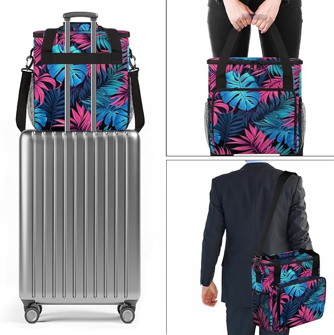 Blue Tropical Leaf Coffee Maker Carrying Bag Portable Travel Storage Tote Bag Compatible with K-Mini or K-Mini Plus Single Serve Coffee Brewer Carrying Case with Multiple Pockets &amp Shoulder Stra