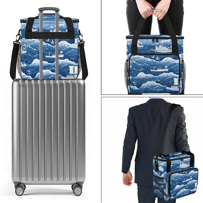 Ocean Ship Print Coffee Maker Travel Bag for Keurig K-Mini/K-Mini Plus Insulated Waterproof Tote with Pockets for K-Cup Portable Single-Serve Brewer Case