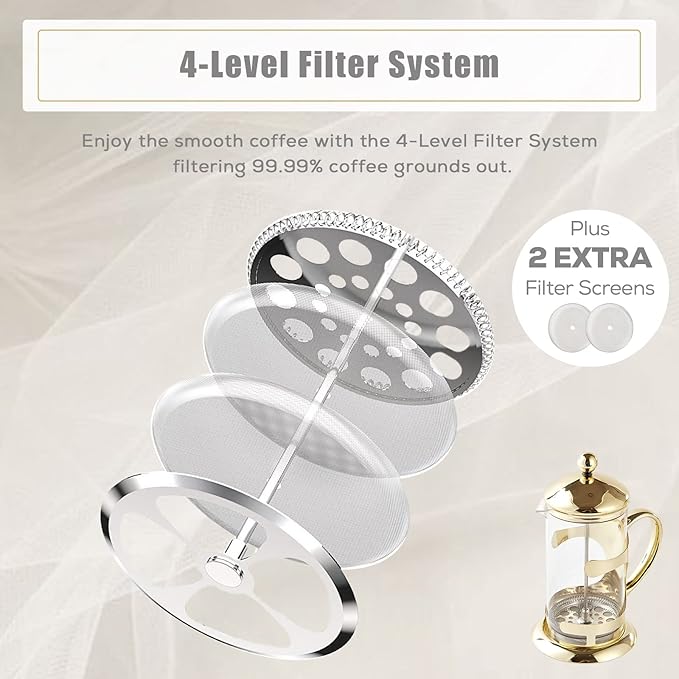 DUJUST Gold French Press Set with 6 Cups &amp 1 Tray Luxury Design Coffee Maker Set with 4-Level Filter System Hot&ampCold Resistant Glass French Coffee Press Set Well Packed Holiday Gift &amp