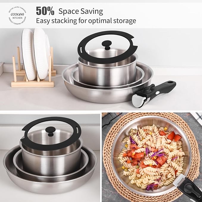 Inqibee Tri-Ply Stainless Steel Cookware Set with Detachable Handle Removable Handle Pots and Pans Set 6pcs Induction Kitchen Cooking Set for Home &amp RV Camping Dishwasher and Oven Safe