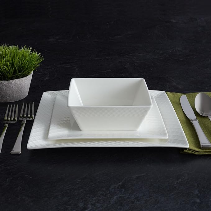 Trellis White Square 16 Piece Dinnerware Set Service For 4